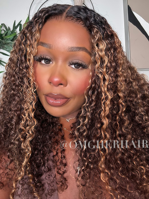 Sun Kissed Brown Highlights Burmese Curly 3D Dome Cap Fitted Glueless 9x6-Pre Cut HD Lace Wig [DLW30]