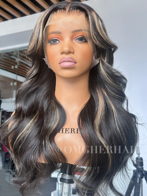Yaki Straight With Blonde Highlights Invisible Drawstring Fitted Glueless 360 HD Lace Wig  [HLW14]