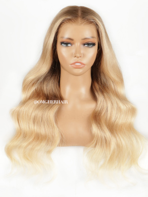 Luxury Virgin Ombre Blonde Wavy 3D DOME CAP Fitted Glueless 8X6 Pre-Cut HD Lace Wig [DLW19]