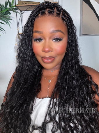 26" Boho Box Braided With Boho Curls Knotless Full Lace Wig With Invisible Drawstring [BHW01]