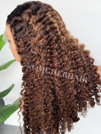 Sun-Kissed Brown Highlights Burmese Curly 3D DOME CAP Fitted Glueless 9X6 Pre-Cut HD Lace Wig [DLW30]