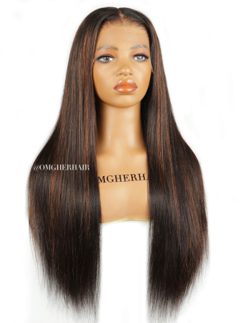 Brown Highlight Silky Straight Fitted Glueless 360 HD Lace Wigs With Invisible Band [HLW10]