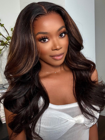 Yaki With Brown Highlights Invisible Drawstring Fitted Glueless 360 HD Lace Wig Face-Framing Layered Waves [HLW21]