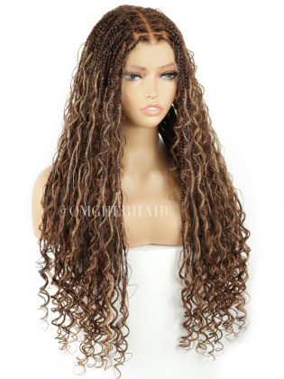Blonde Blended Brown Highlights Color Boho Box Braided Knotless Invisible Drawstring Full Lace Wig [BHW10-RTS]