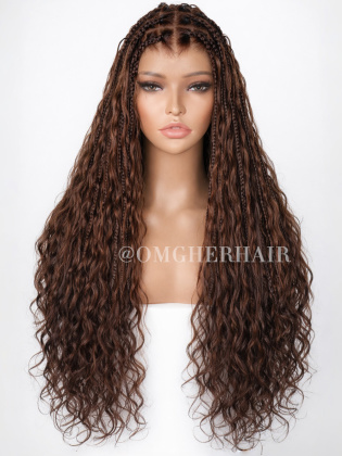 Brown Boho Box Braided Wig With Body Wave Curls Knotless Invisible Drawstring Full Lace Wig [BHW13]