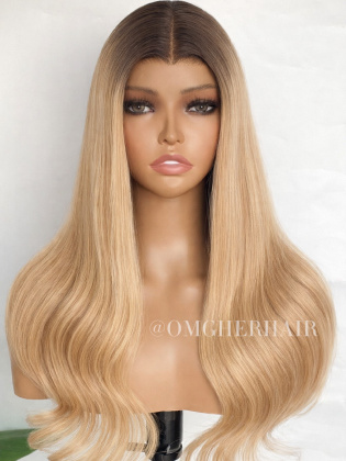 22" Dark Root Honey Blonde Body Wave Luxury Virgin Hair 5x8 Closure Wig Transparent Lace [TCW01]