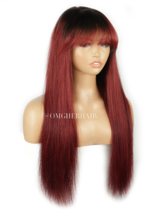 Red Wine Ombre Silky Straight With Bangs Invisible Drawstring 360 Fitted Glueless HD Lace Wigs [IDW03]