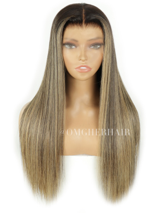 Silky Straight With Blonde Highlight Luxe Virgin Hair Human 360 Fitted Glueless Drawstring HD Lace Wig [VHW01]
