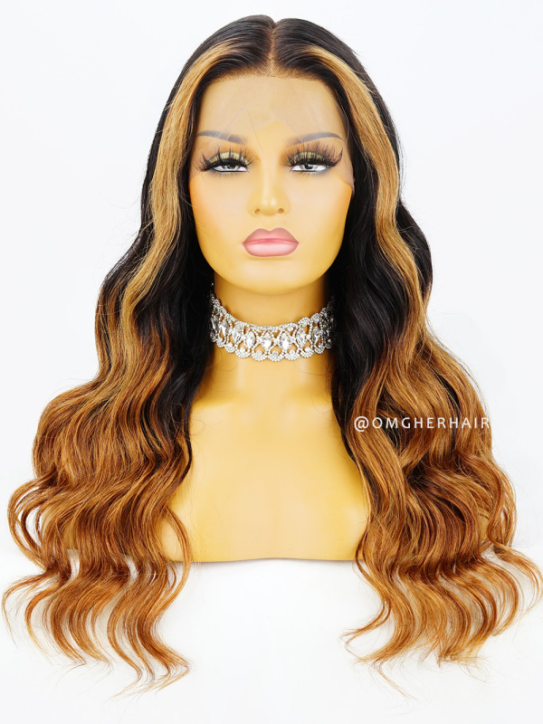 Black and Honey Blonde Highlight 360 Lace Frontal Wig Pre-Plucked &  Pre-Colored